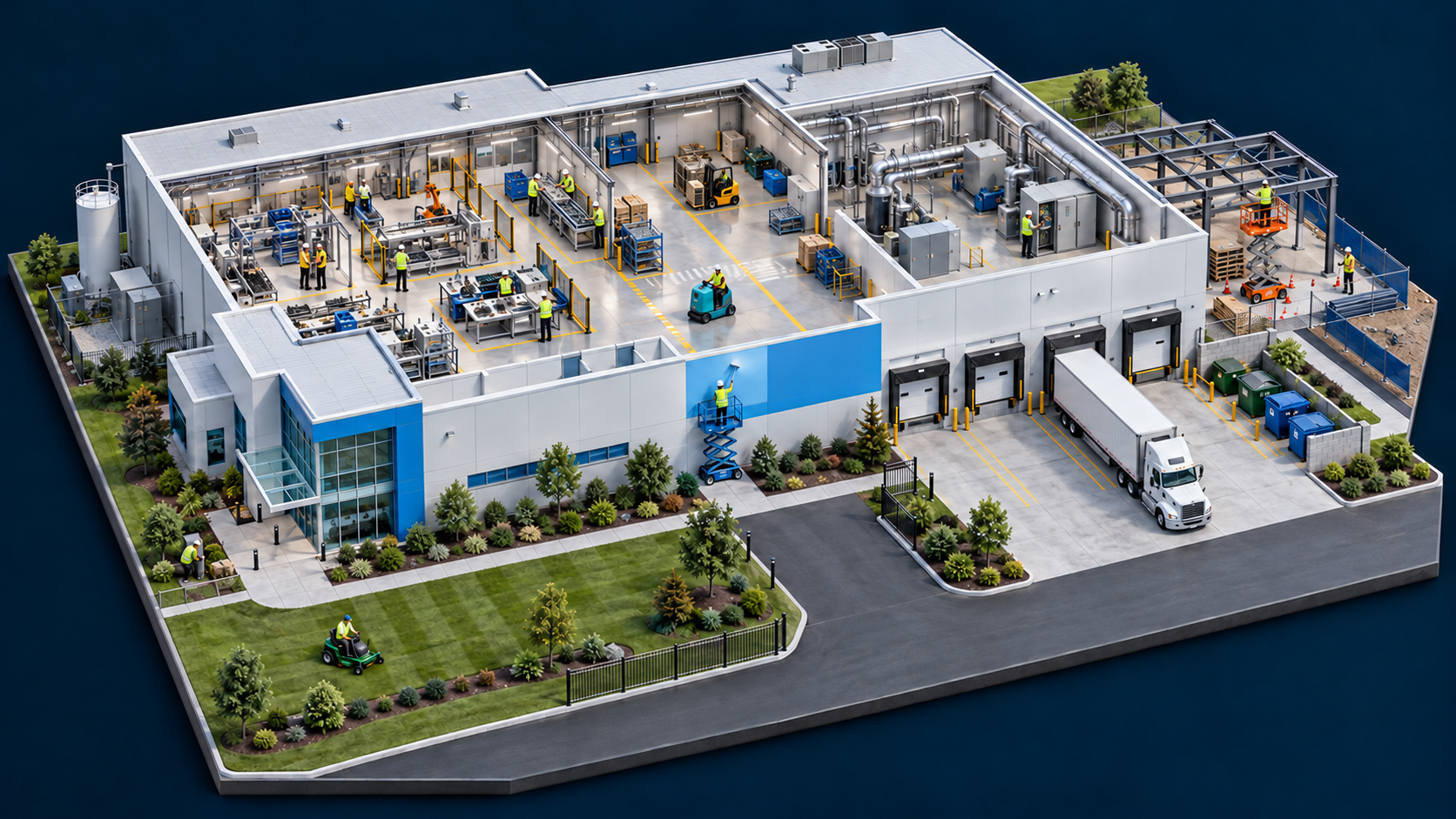 Digital 3D cutaway illustration of a manufacturing facility, with production-line staff beside warehouse forklift operations, plus cleaning, maintenance, construction, painting, perimeter care, landscaping and loading areas